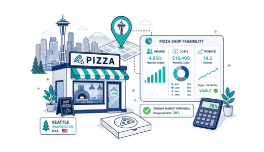 Pizza Shop planning illustration for Seattle with a map pin and feasibility dashboard