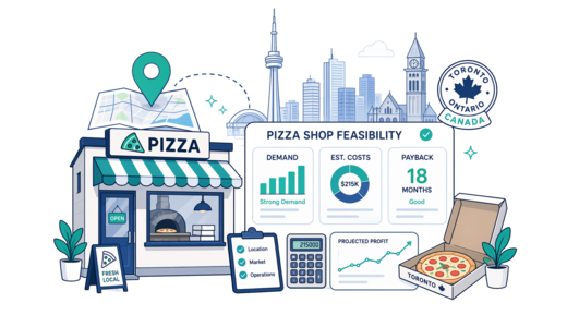 Pizza Shop planning illustration for Toronto with a map pin and feasibility dashboard
