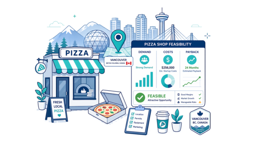 Pizza Shop planning illustration for Vancouver with a map pin and feasibility dashboard