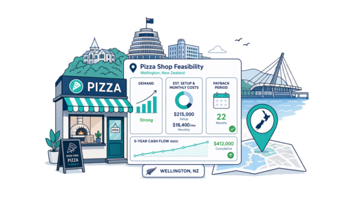 Pizza Shop planning illustration for Wellington with a map pin and feasibility dashboard