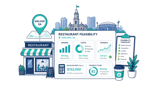 Restaurant planning illustration for Adelaide with a map pin and feasibility dashboard