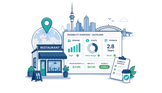 Restaurant planning illustration for Auckland with a map pin and feasibility dashboard