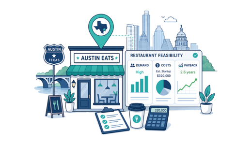 Restaurant planning illustration for Austin with a map pin and feasibility dashboard