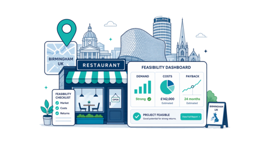 Restaurant planning illustration for Birmingham with a map pin and feasibility dashboard