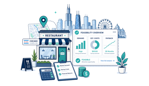 Restaurant planning illustration for Chicago with a map pin and feasibility dashboard