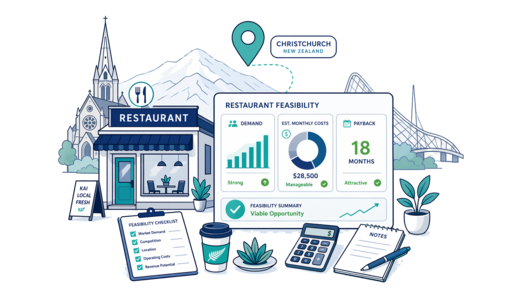 Restaurant planning illustration for Christchurch with a map pin and feasibility dashboard