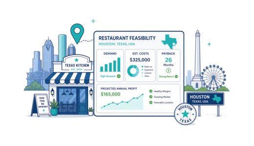 Restaurant planning illustration for Houston with a map pin and feasibility dashboard