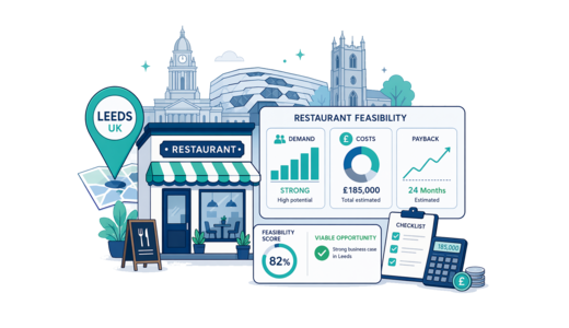 Restaurant planning illustration for Leeds with a map pin and feasibility dashboard