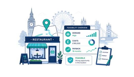 Restaurant planning illustration for London with a map pin and feasibility dashboard