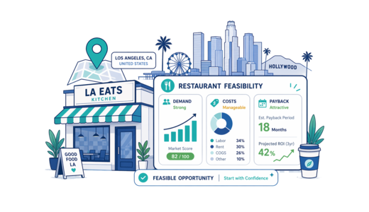 Restaurant planning illustration for Los Angeles with a map pin and feasibility dashboard