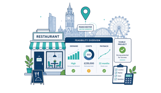 Restaurant planning illustration for Manchester with a map pin and feasibility dashboard