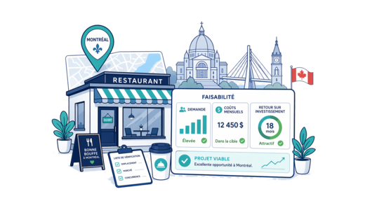 Restaurant planning illustration for Montreal with a map pin and feasibility dashboard