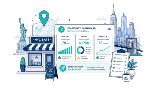Restaurant planning illustration for New York with a map pin and feasibility dashboard