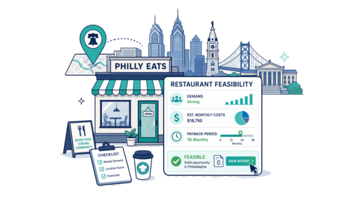 Restaurant planning illustration for Philadelphia with a map pin and feasibility dashboard