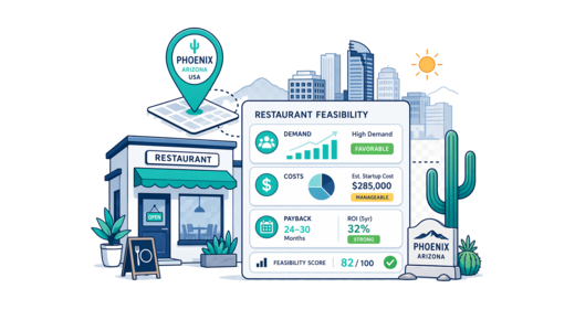 Restaurant planning illustration for Phoenix with a map pin and feasibility dashboard