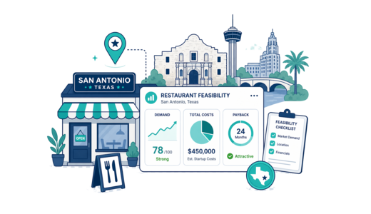 Restaurant planning illustration for San Antonio with a map pin and feasibility dashboard