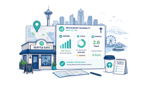 Restaurant planning illustration for Seattle with a map pin and feasibility dashboard