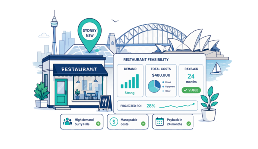 Restaurant planning illustration for Sydney with a map pin and feasibility dashboard