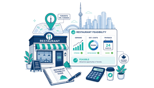 Restaurant planning illustration for Toronto with a map pin and feasibility dashboard