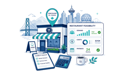 Restaurant planning illustration for Vancouver with a map pin and feasibility dashboard