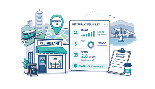 Restaurant planning illustration for Wellington with a map pin and feasibility dashboard