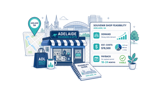 Souvenir / Gift Shop planning illustration for Adelaide with a map pin and feasibility dashboard