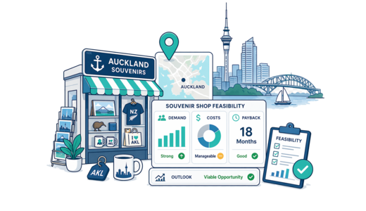 Souvenir / Gift Shop planning illustration for Auckland with a map pin and feasibility dashboard