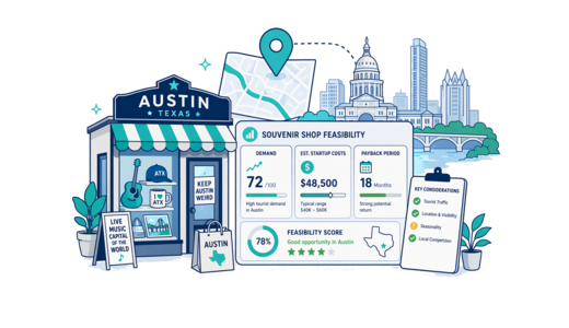Souvenir / Gift Shop planning illustration for Austin with a map pin and feasibility dashboard
