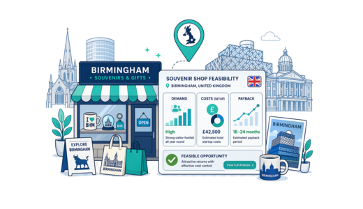 Souvenir / Gift Shop planning illustration for Birmingham with a map pin and feasibility dashboard