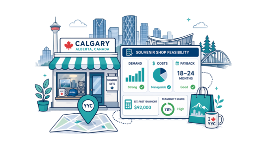 Souvenir / Gift Shop planning illustration for Calgary with a map pin and feasibility dashboard