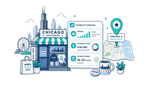 Souvenir / Gift Shop planning illustration for Chicago with a map pin and feasibility dashboard