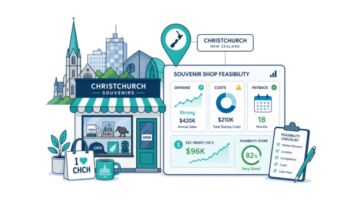 Souvenir / Gift Shop planning illustration for Christchurch with a map pin and feasibility dashboard
