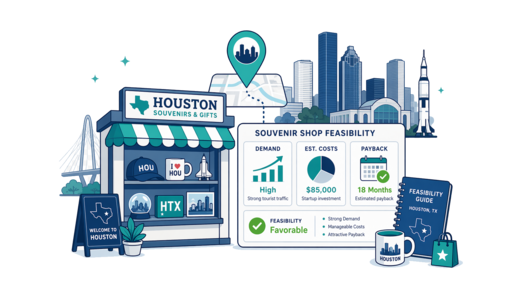 Souvenir / Gift Shop planning illustration for Houston with a map pin and feasibility dashboard