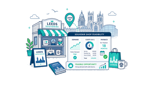 Souvenir / Gift Shop planning illustration for Leeds with a map pin and feasibility dashboard