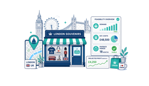 Souvenir / Gift Shop planning illustration for London with a map pin and feasibility dashboard