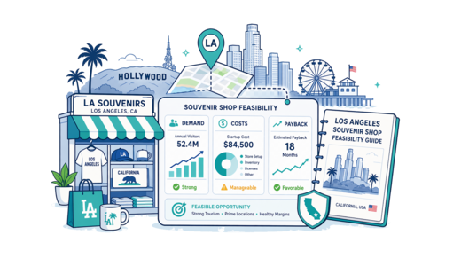 Souvenir / Gift Shop planning illustration for Los Angeles with a map pin and feasibility dashboard