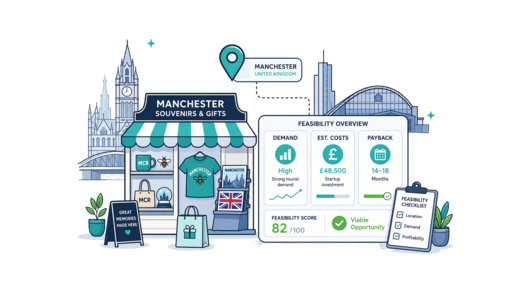 Souvenir / Gift Shop planning illustration for Manchester with a map pin and feasibility dashboard