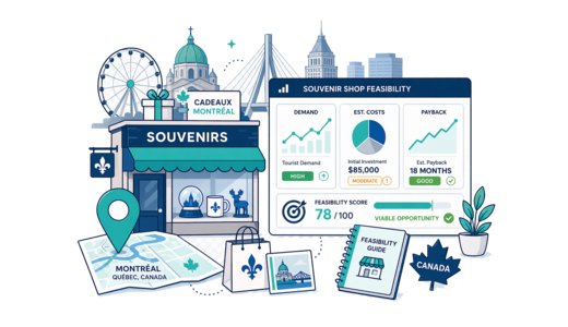 Souvenir / Gift Shop planning illustration for Montreal with a map pin and feasibility dashboard