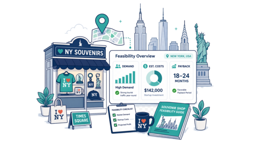 Souvenir / Gift Shop planning illustration for New York with a map pin and feasibility dashboard