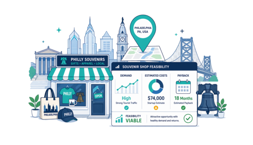 Souvenir / Gift Shop planning illustration for Philadelphia with a map pin and feasibility dashboard