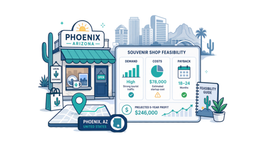 Souvenir / Gift Shop planning illustration for Phoenix with a map pin and feasibility dashboard