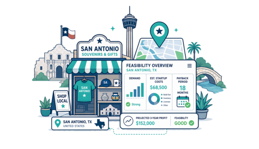 Souvenir / Gift Shop planning illustration for San Antonio with a map pin and feasibility dashboard