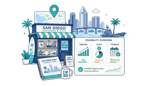 Souvenir / Gift Shop planning illustration for San Diego with a map pin and feasibility dashboard