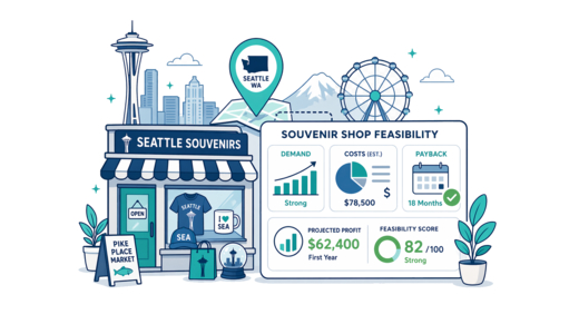 Souvenir / Gift Shop planning illustration for Seattle with a map pin and feasibility dashboard