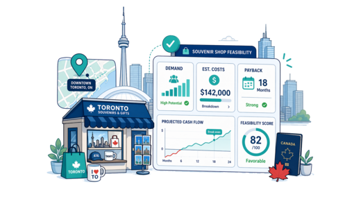 Souvenir / Gift Shop planning illustration for Toronto with a map pin and feasibility dashboard
