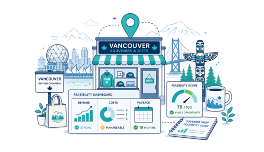 Souvenir / Gift Shop planning illustration for Vancouver with a map pin and feasibility dashboard