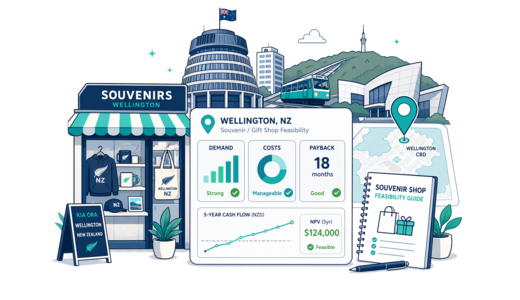 Souvenir / Gift Shop planning illustration for Wellington with a map pin and feasibility dashboard