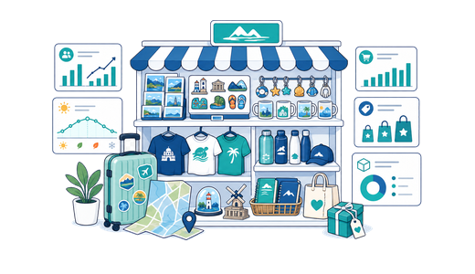A souvenir shop with local gift shelves, tourist items and visitor traffic metrics