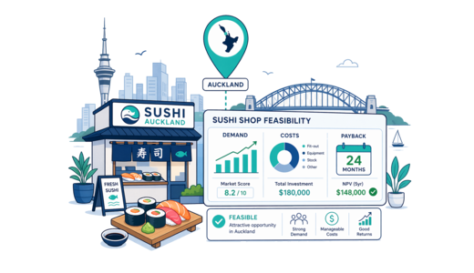 Sushi Shop planning illustration for Auckland with a map pin and feasibility dashboard