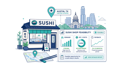 Sushi Shop planning illustration for Austin with a map pin and feasibility dashboard